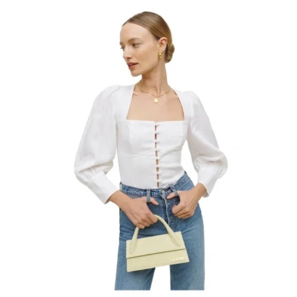 Reformation - White Puff Sleeve Square Neck Prairie Fitted Linen Top